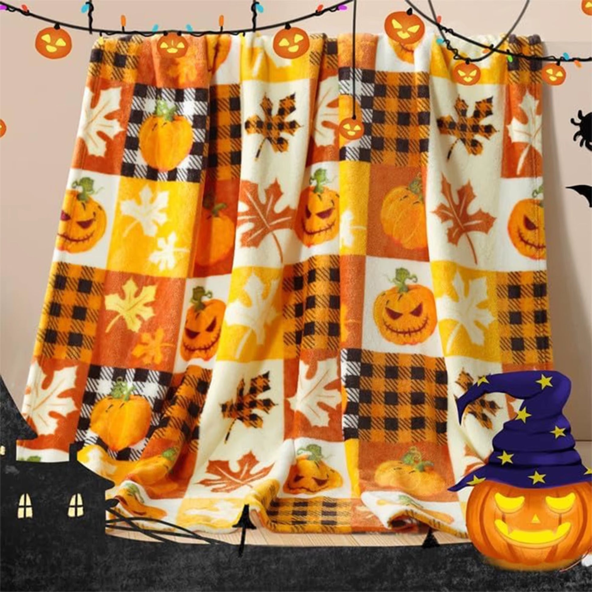 Halloween Pumpkin & Leaf Patterned Soft Fleece Blanket for Cozy Nights Flannel Blanket, Soft and Comfortable, Gift