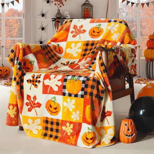 Halloween Pumpkin & Leaf Patterned Soft Fleece Blanket for Cozy Nights Flannel Blanket, Soft and Comfortable, Gift