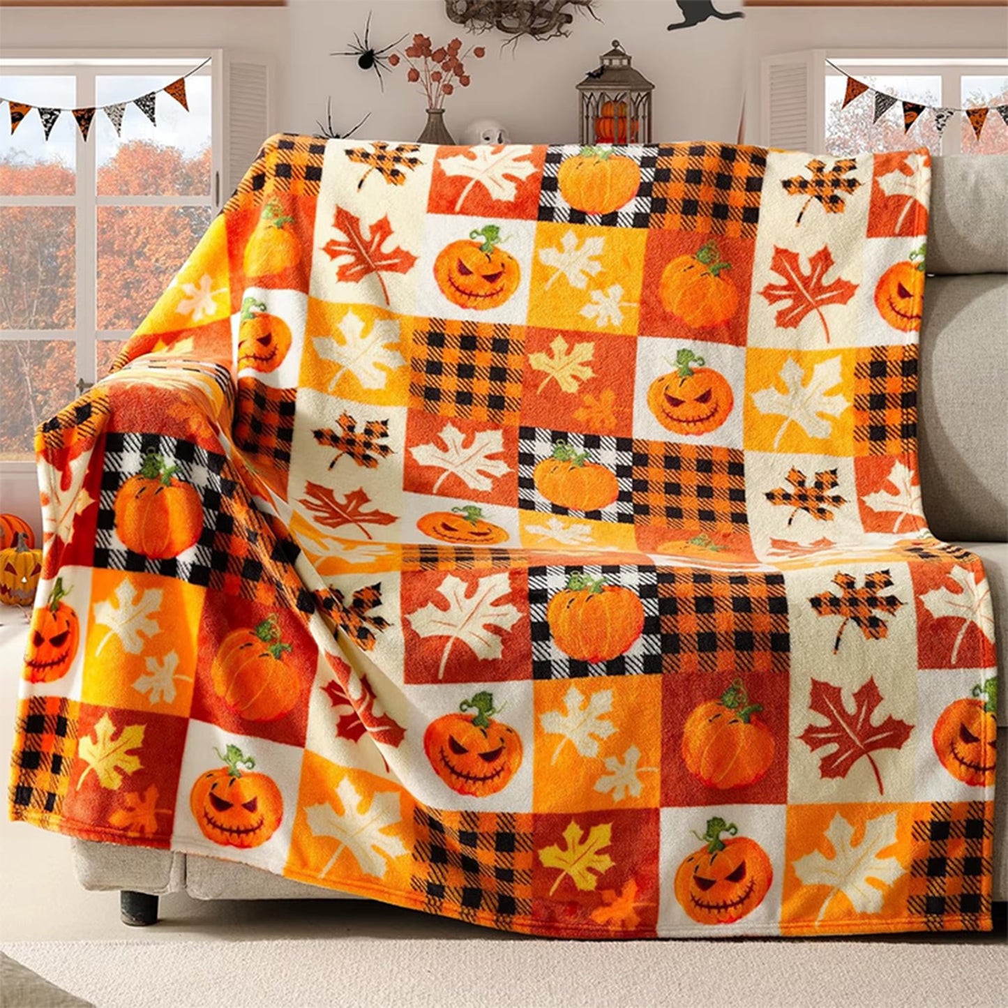 Halloween Pumpkin & Leaf Patterned Soft Fleece Blanket for Cozy Nights Flannel Blanket, Soft and Comfortable, Gift