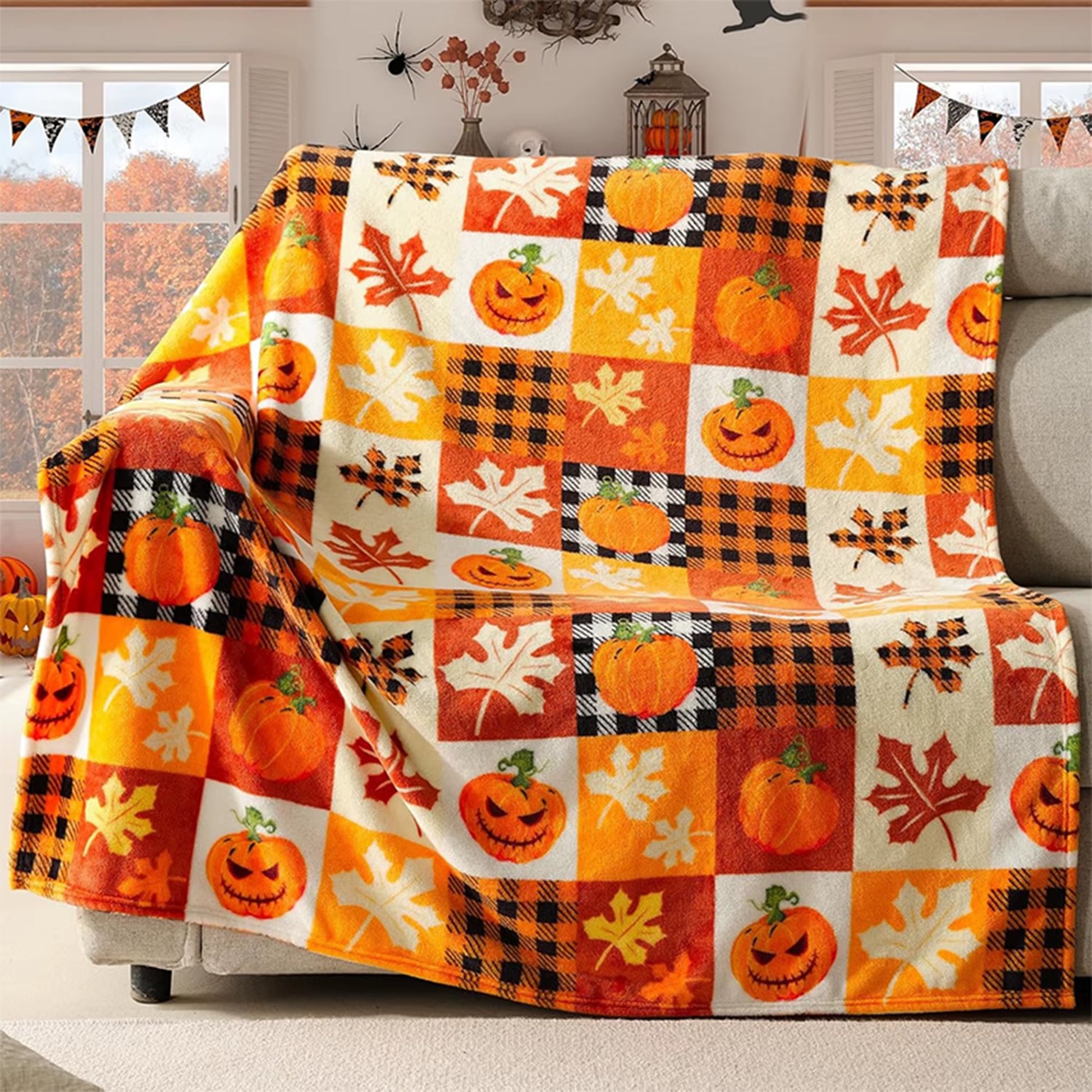 Halloween Pumpkin & Leaf Patterned Soft Fleece Blanket for Cozy Nights Flannel Blanket, Soft and Comfortable, Gift